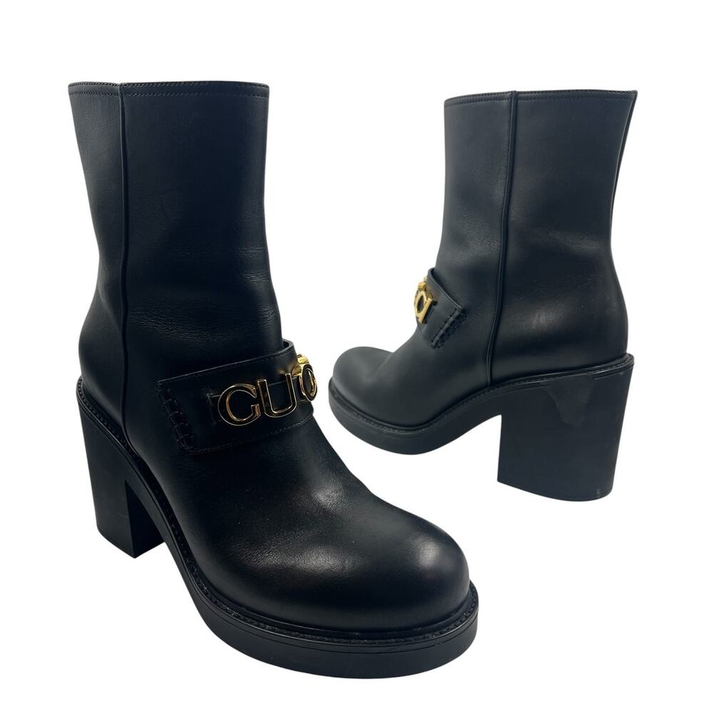 Gucci Logo Leather Platform Ankle Boots Black 40‎ - Picture 3 of 16